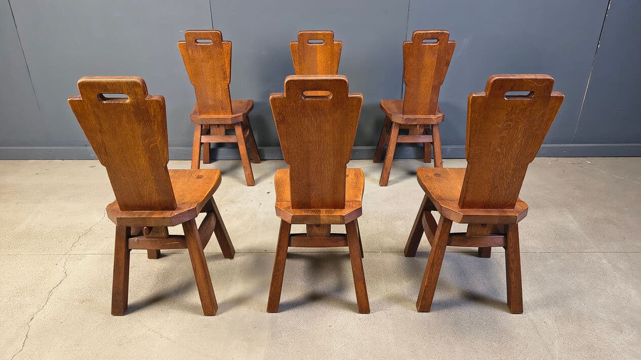 Set of six brutalist chairs, brown oak, Belgium, 1970s. - 331361