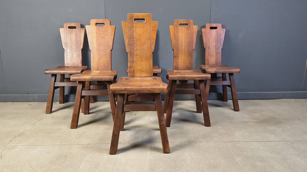 Set of six brutalist chairs, brown oak, Belgium, 1970s. - 331356