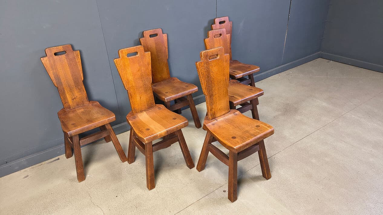 Set of six brutalist chairs, brown oak, Belgium, 1970s. - 331364