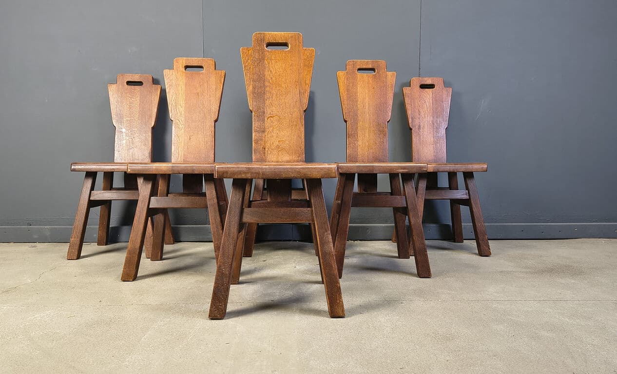 Set of six brutalist chairs, brown oak, Belgium, 1970s. - 331357