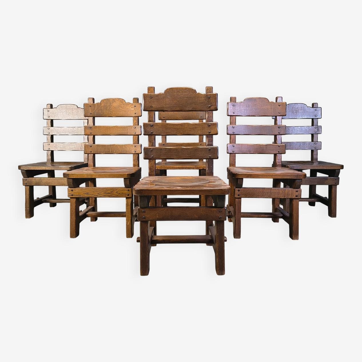 Set of six brutalist chairs, brown beige, wood, Germany, 1960s. - 331346