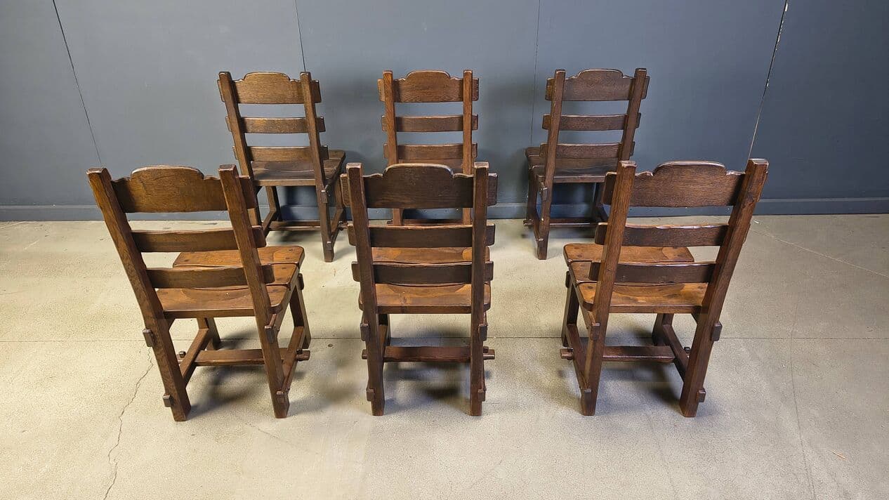 Set of six brutalist chairs, brown beige, wood, Germany, 1960s. - 331353