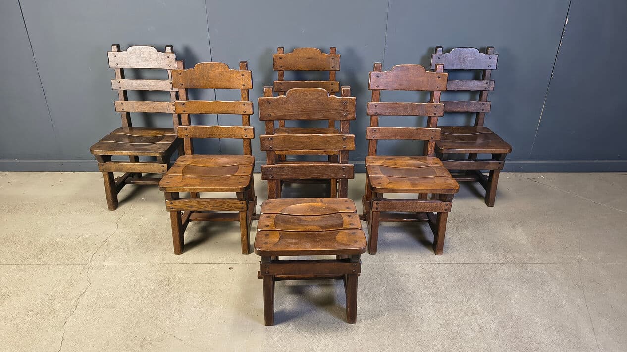 Set of six brutalist chairs, brown beige, wood, Germany, 1960s. - 331344