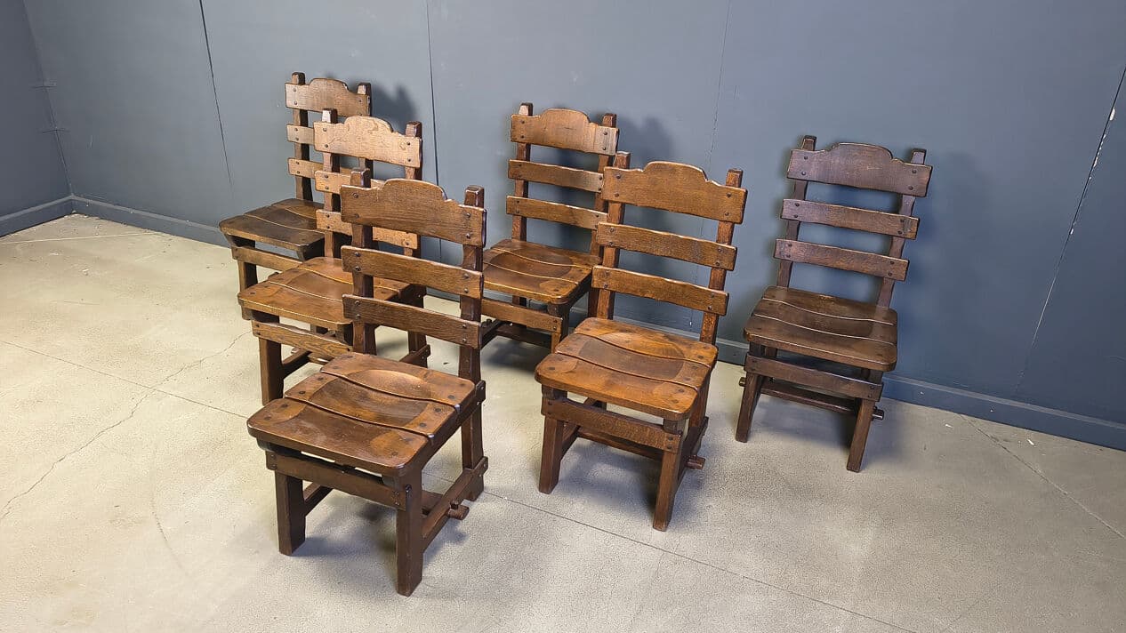 Set of six brutalist chairs, brown beige, wood, Germany, 1960s. - 331349
