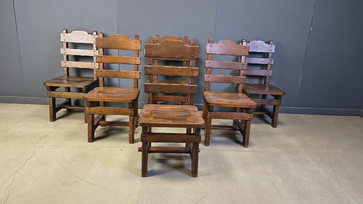 Set of six brutalist chairs, brown beige, wood, Germany, 1960s. - 331347