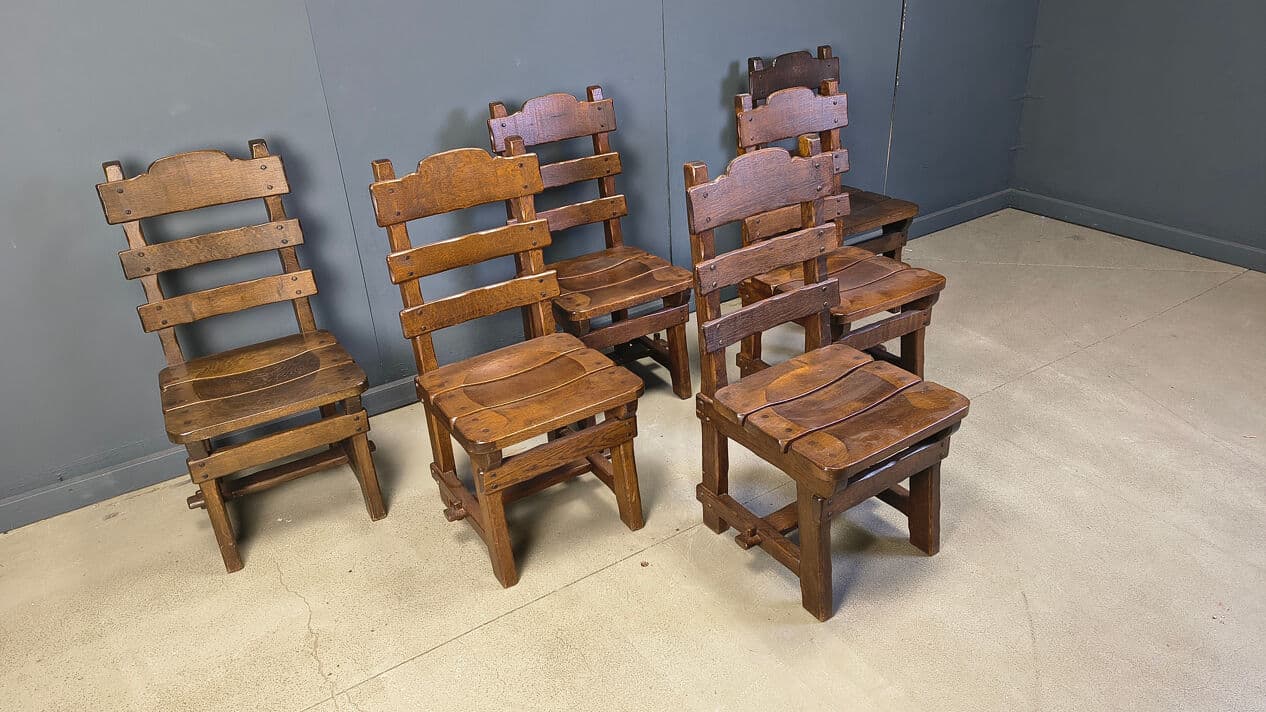 Set of six brutalist chairs, brown beige, wood, Germany, 1960s. - 331350