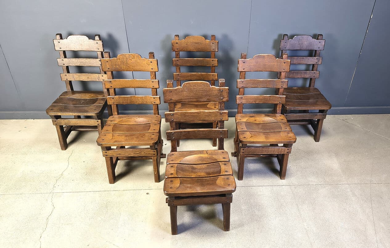 Set of six brutalist chairs, brown beige, wood, Germany, 1960s. - 331354