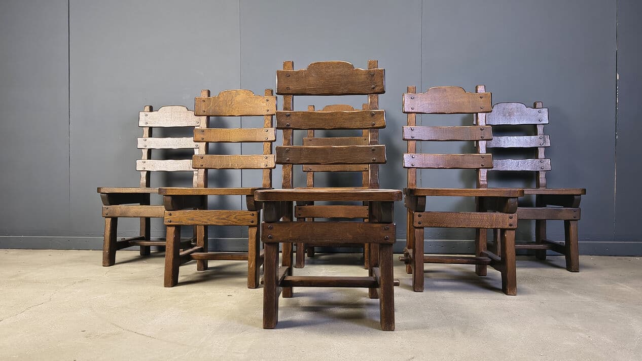 Set of six brutalist chairs, brown beige, wood, Germany, 1960s. - 331348