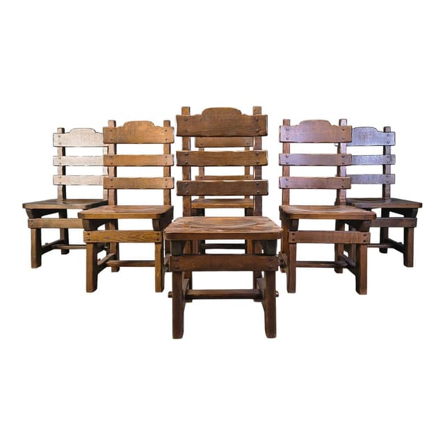 Set of six brutalist chairs, brown beige, wood, Germany, 1960s. - DIMENSION