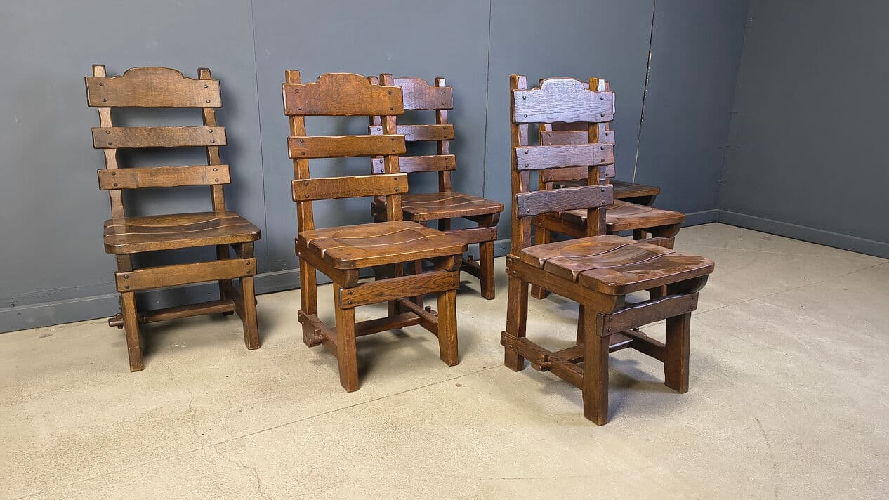 Set of six brutalist chairs, brown beige, wood, Germany, 1960s. - 331352