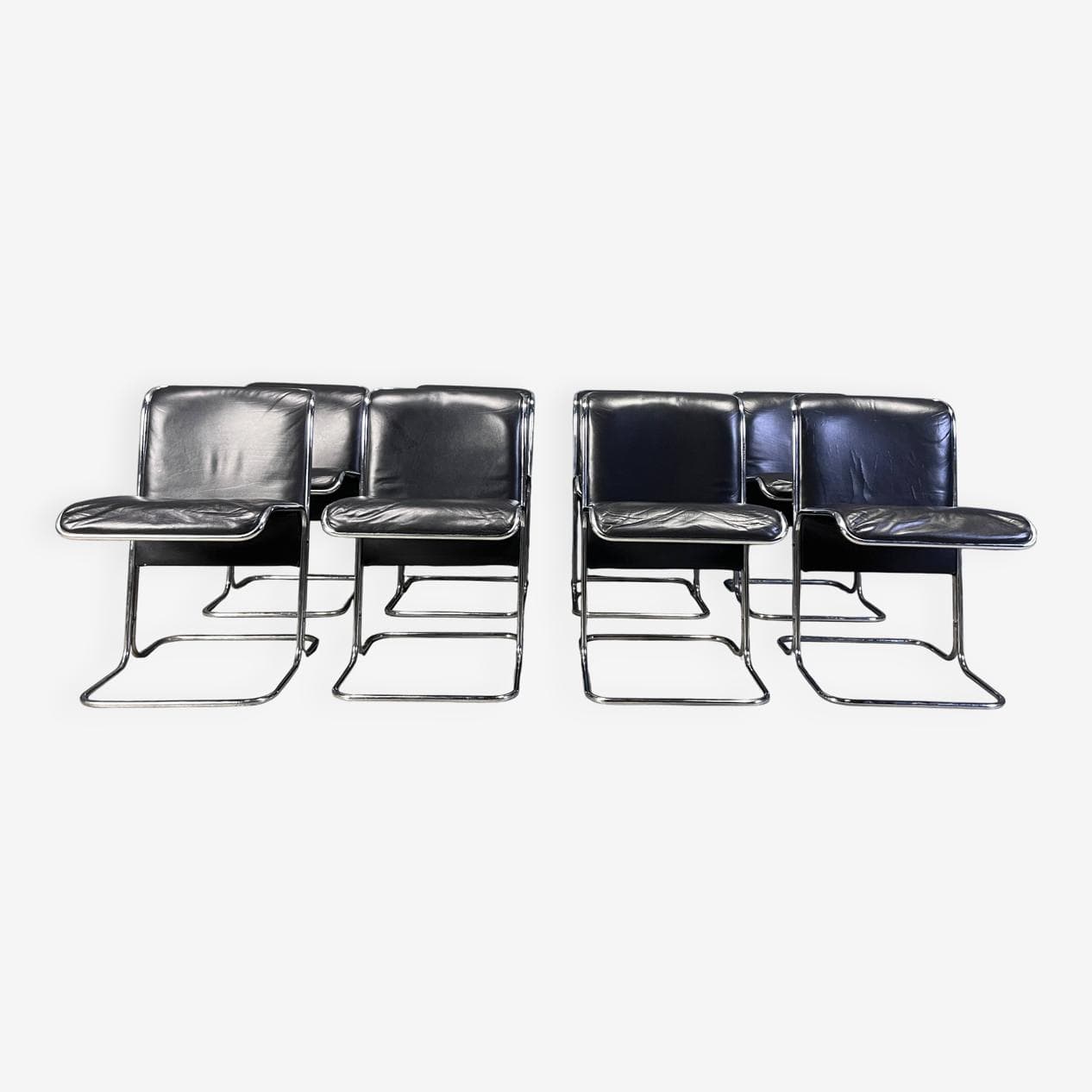 Set of eight Calla chairs, black leather, chrome, by A. Ari Colombo, Italy, 1970s - 331334