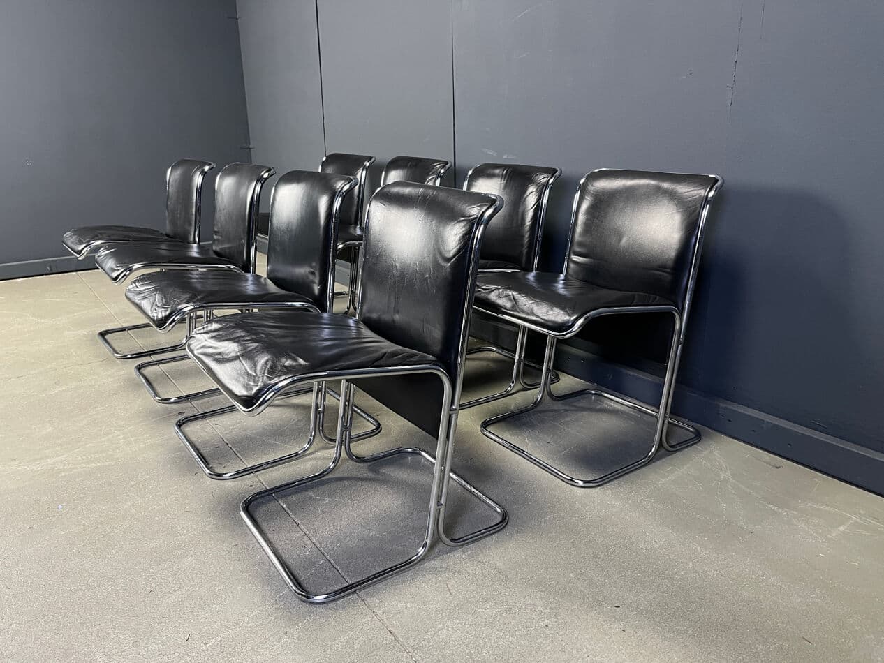 Set of eight Calla chairs, black leather, chrome, by A. Ari Colombo, Italy, 1970s - 331342