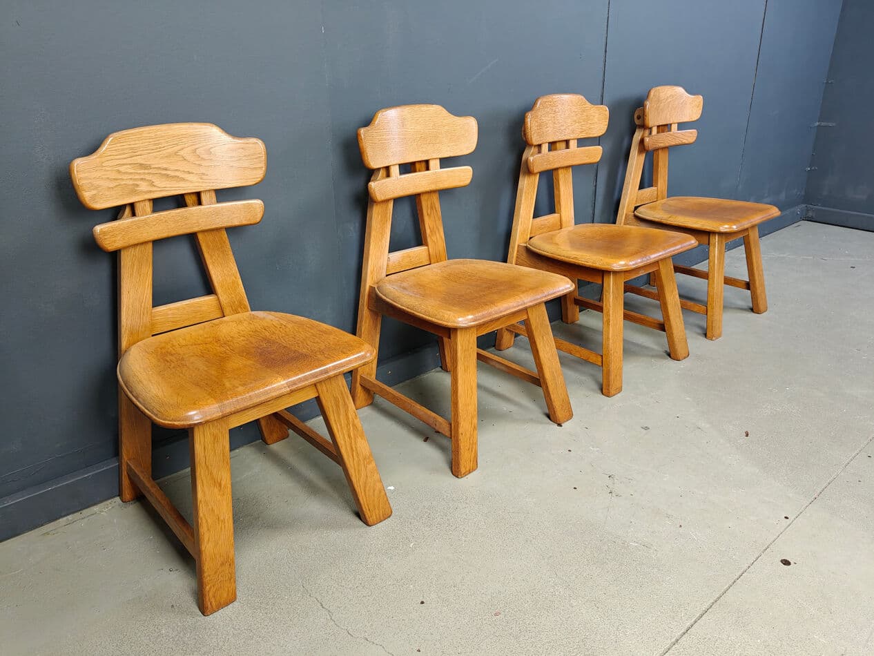 Set of four brutalist dining chairs, brown oak, Netherlands, 1960s. - 331326