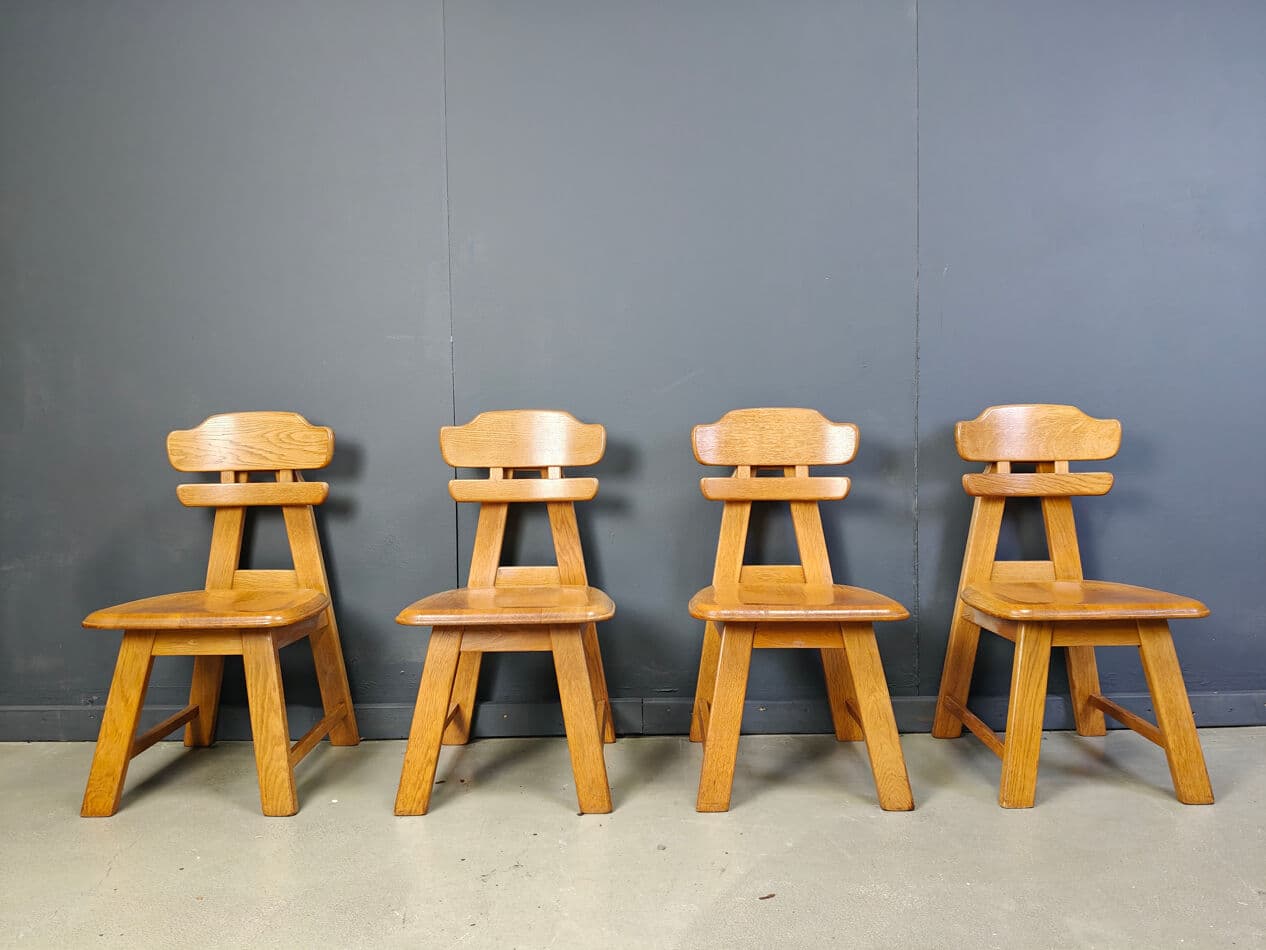 Set of four brutalist dining chairs, brown oak, Netherlands, 1960s. - 331324