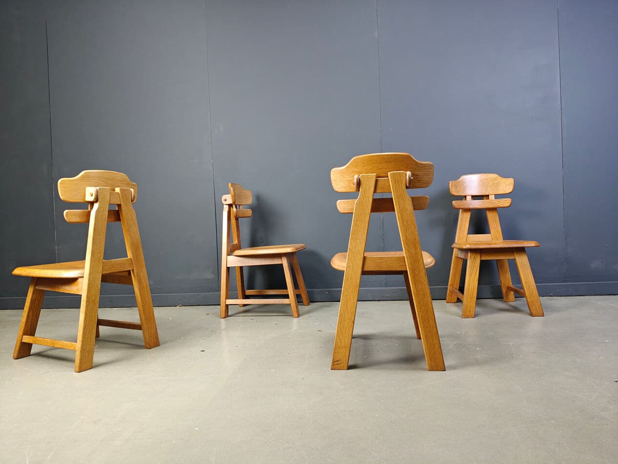 Set of four brutalist dining chairs, brown oak, Netherlands, 1960s. - 331320