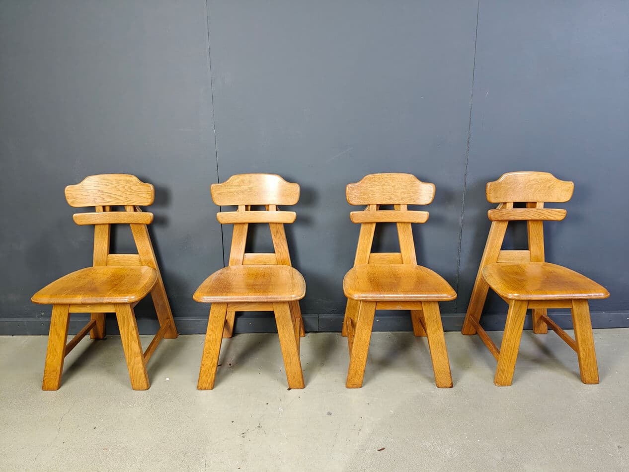Set of four brutalist dining chairs, brown oak, Netherlands, 1960s. - 331323