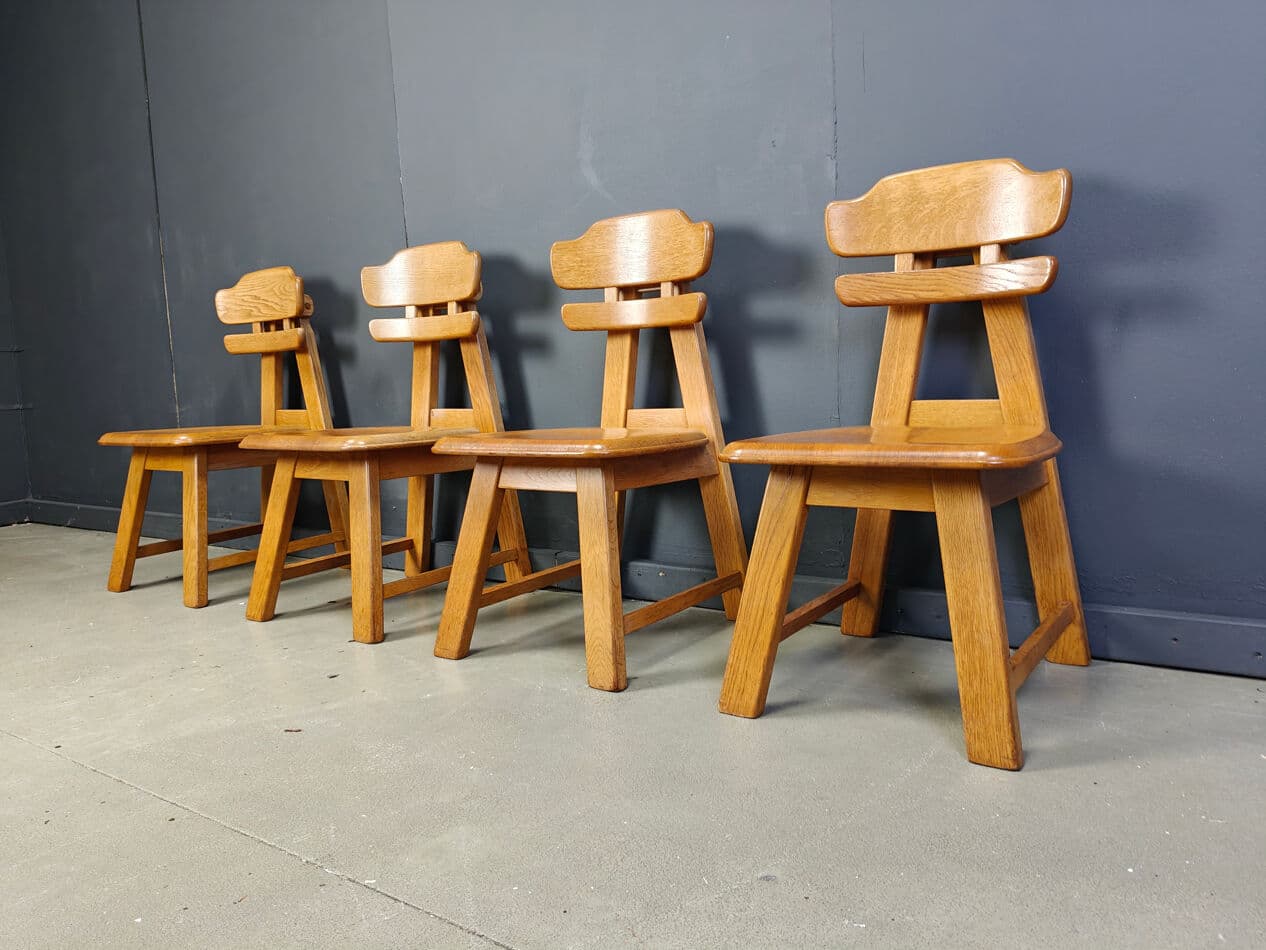 Set of four brutalist dining chairs, brown oak, Netherlands, 1960s. - 331327
