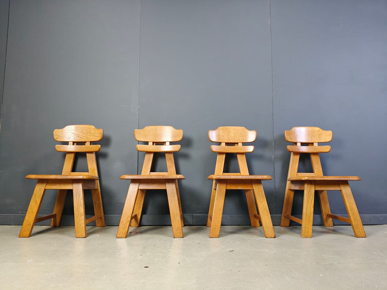 Set of four brutalist dining chairs, brown oak, Netherlands, 1960s. - 331325