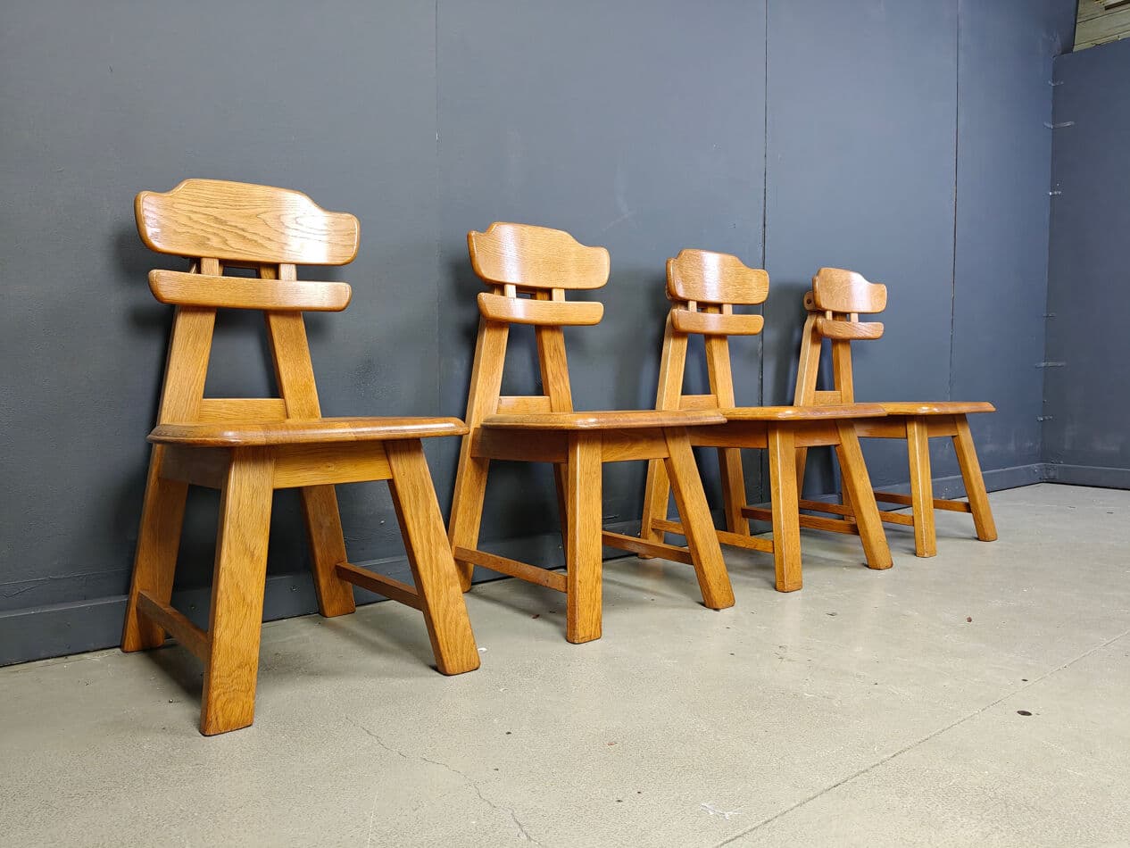 Set of four brutalist dining chairs, brown oak, Netherlands, 1960s. - 331328