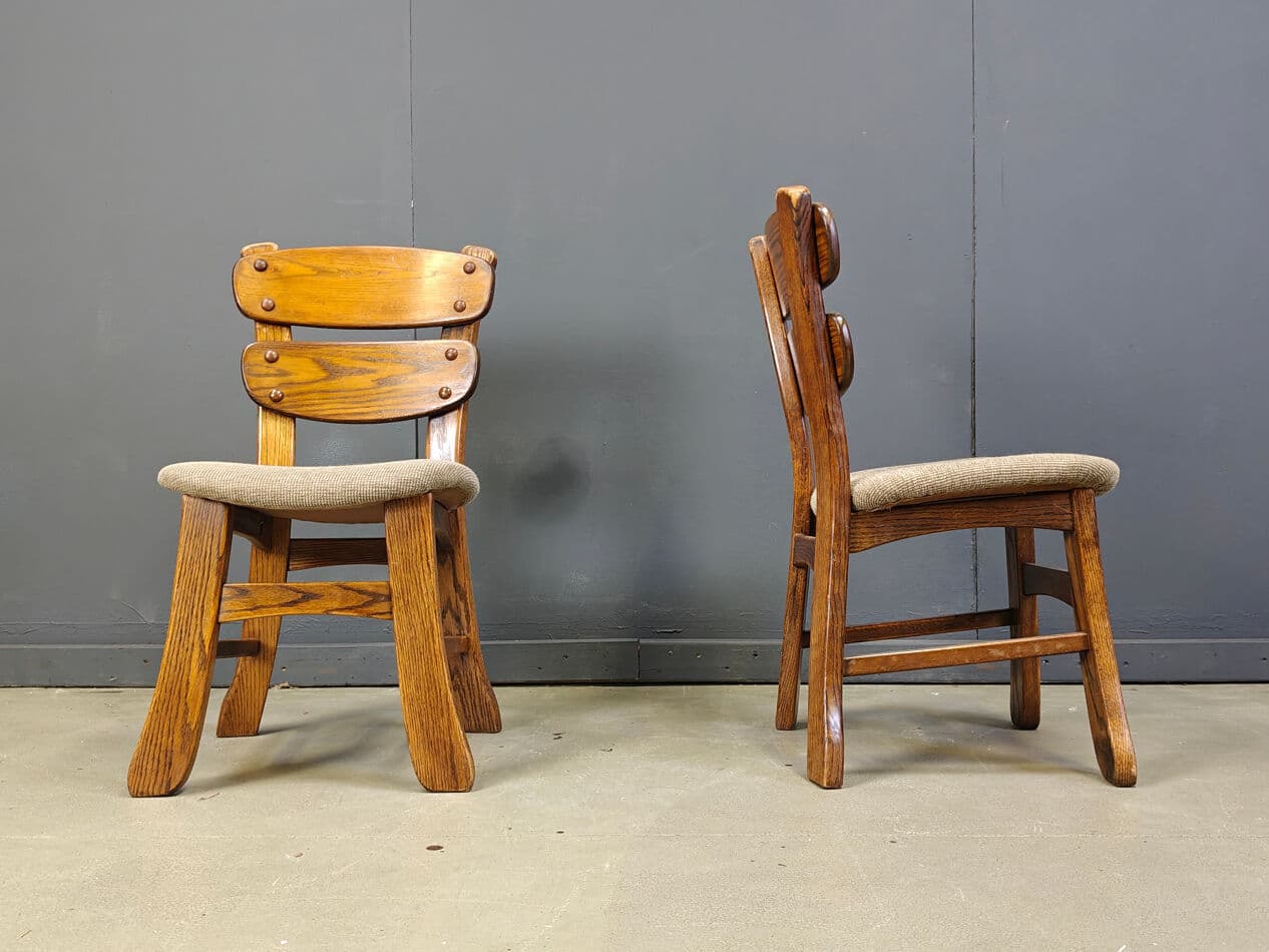 Set of five brutalist dining chairs, brown wood, grey fabric, Germany, 1960s. - 331305