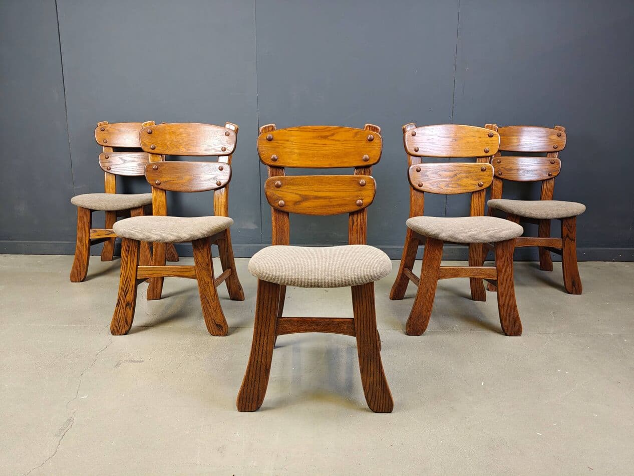 Set of five brutalist dining chairs, brown wood, grey fabric, Germany, 1960s. - 331306