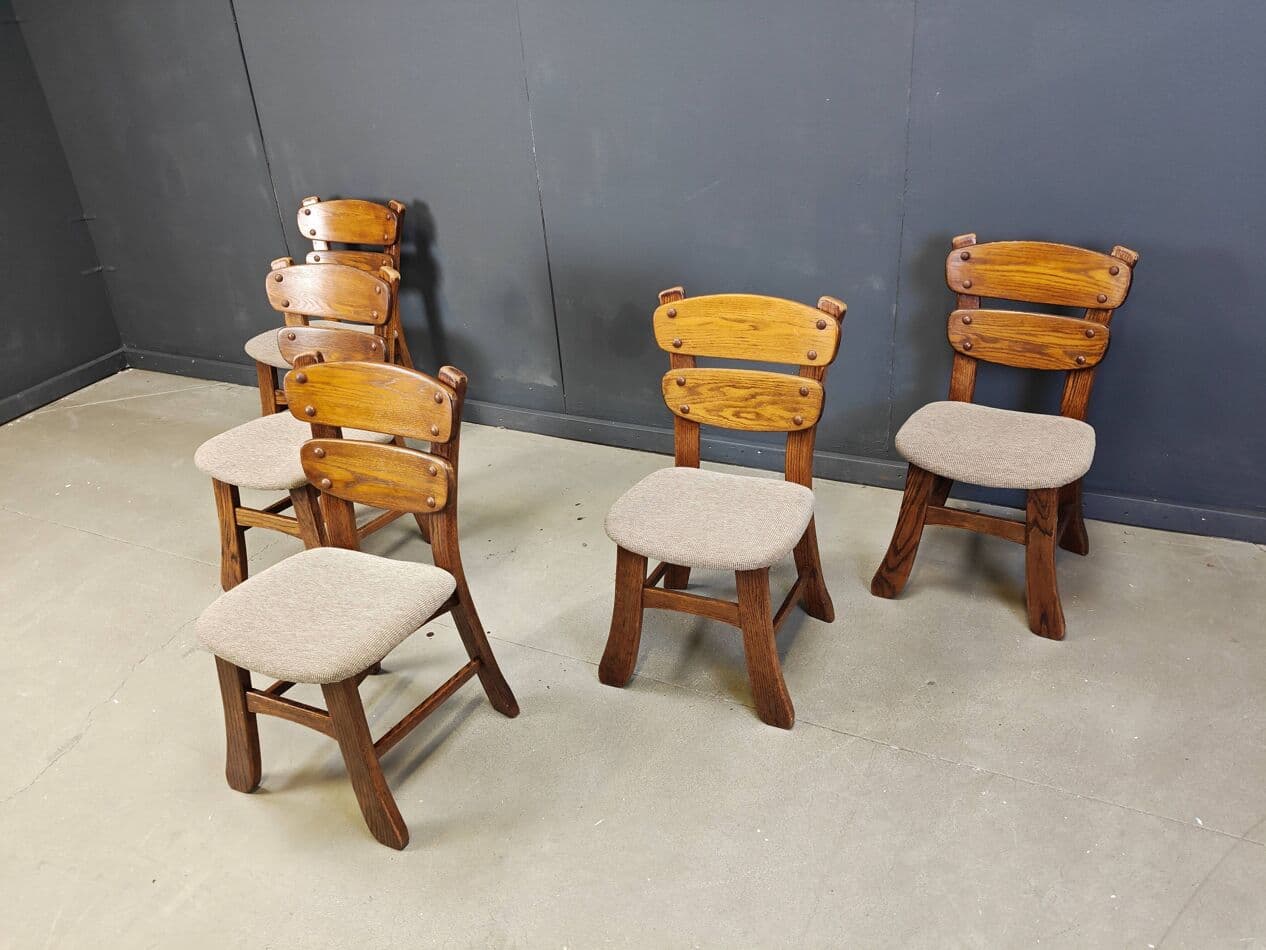 Set of five brutalist dining chairs, brown wood, grey fabric, Germany, 1960s. - 331301