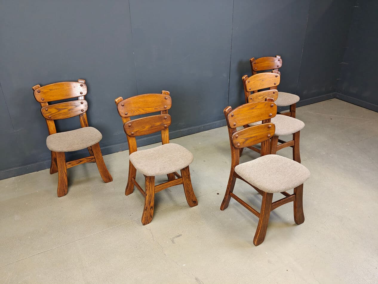Set of five brutalist dining chairs, brown wood, grey fabric, Germany, 1960s. - 331300
