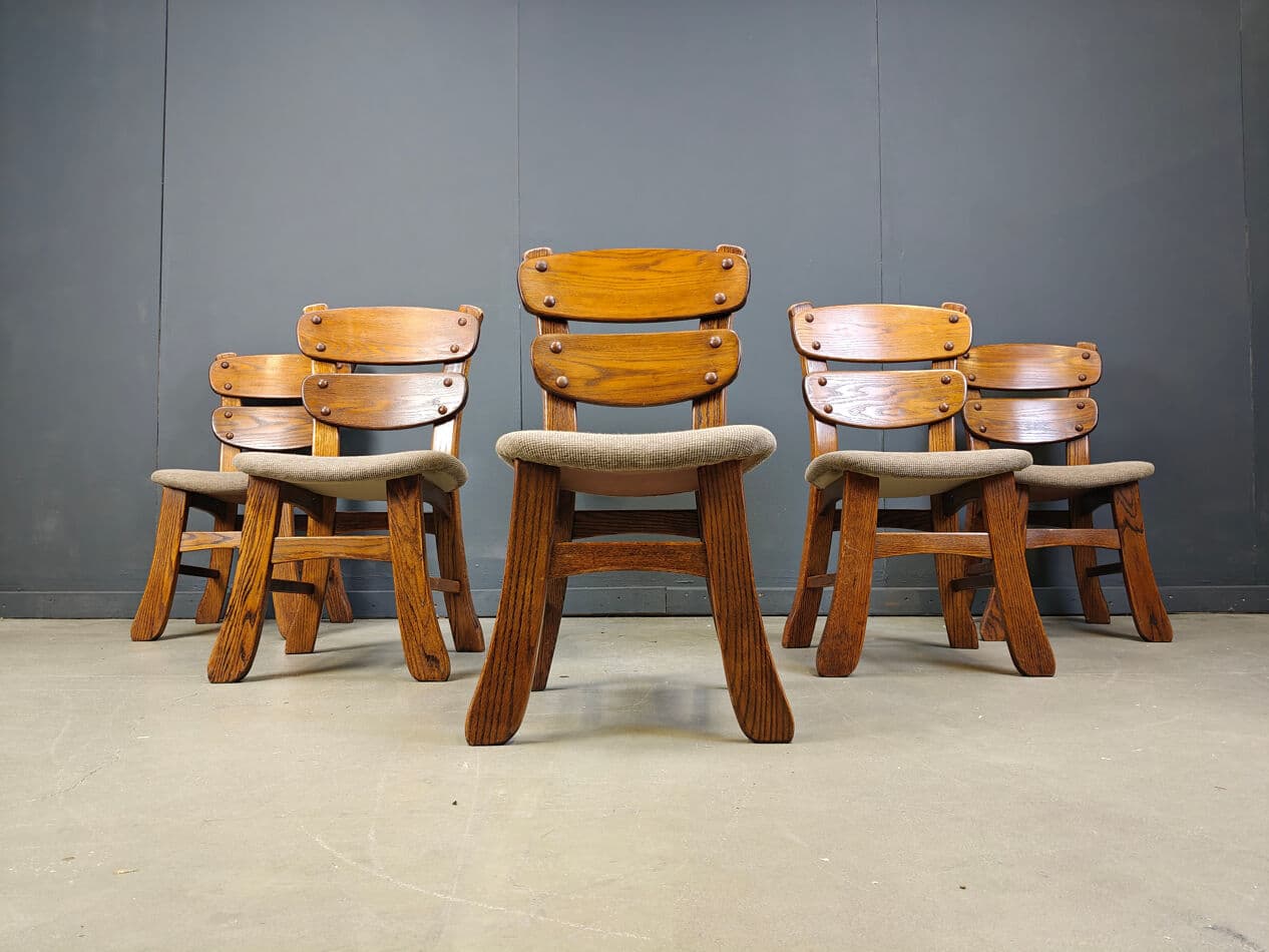 Set of five brutalist dining chairs, brown wood, grey fabric, Germany, 1960s. - 331299