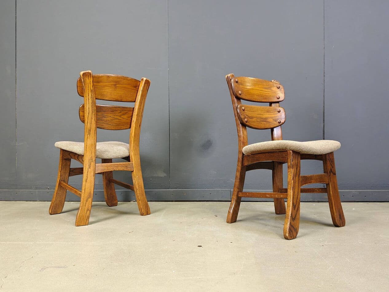 Set of five brutalist dining chairs, brown wood, grey fabric, Germany, 1960s. - 331304