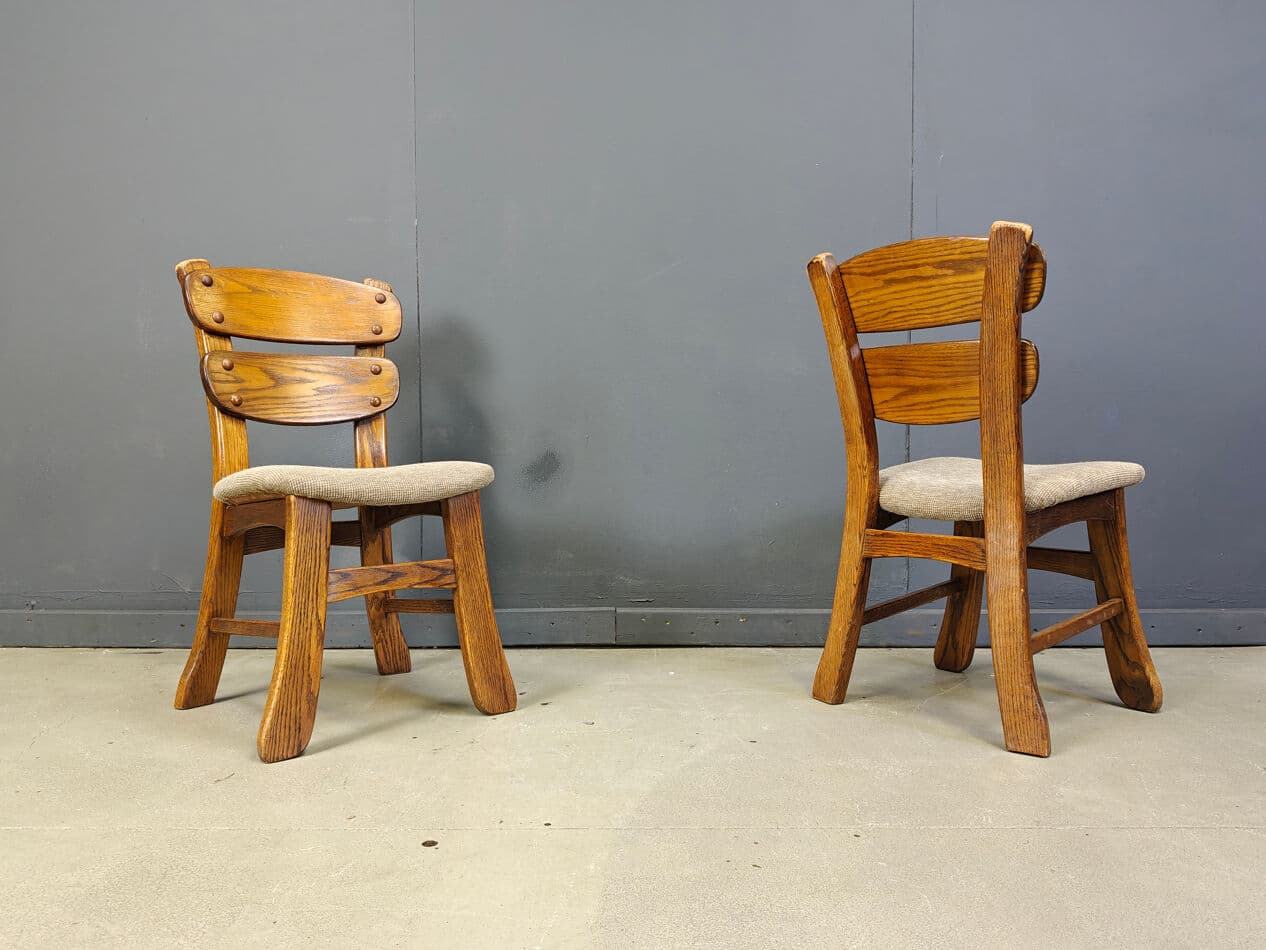 Set of five brutalist dining chairs, brown wood, grey fabric, Germany, 1960s. - 331302