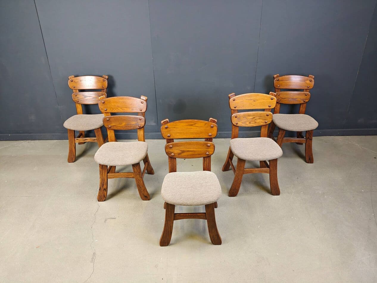 Set of five brutalist dining chairs, brown wood, grey fabric, Germany, 1960s. - 331303