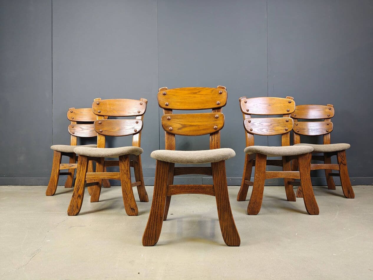 Set of five brutalist dining chairs, brown wood, grey fabric, Germany, 1960s. - 331297