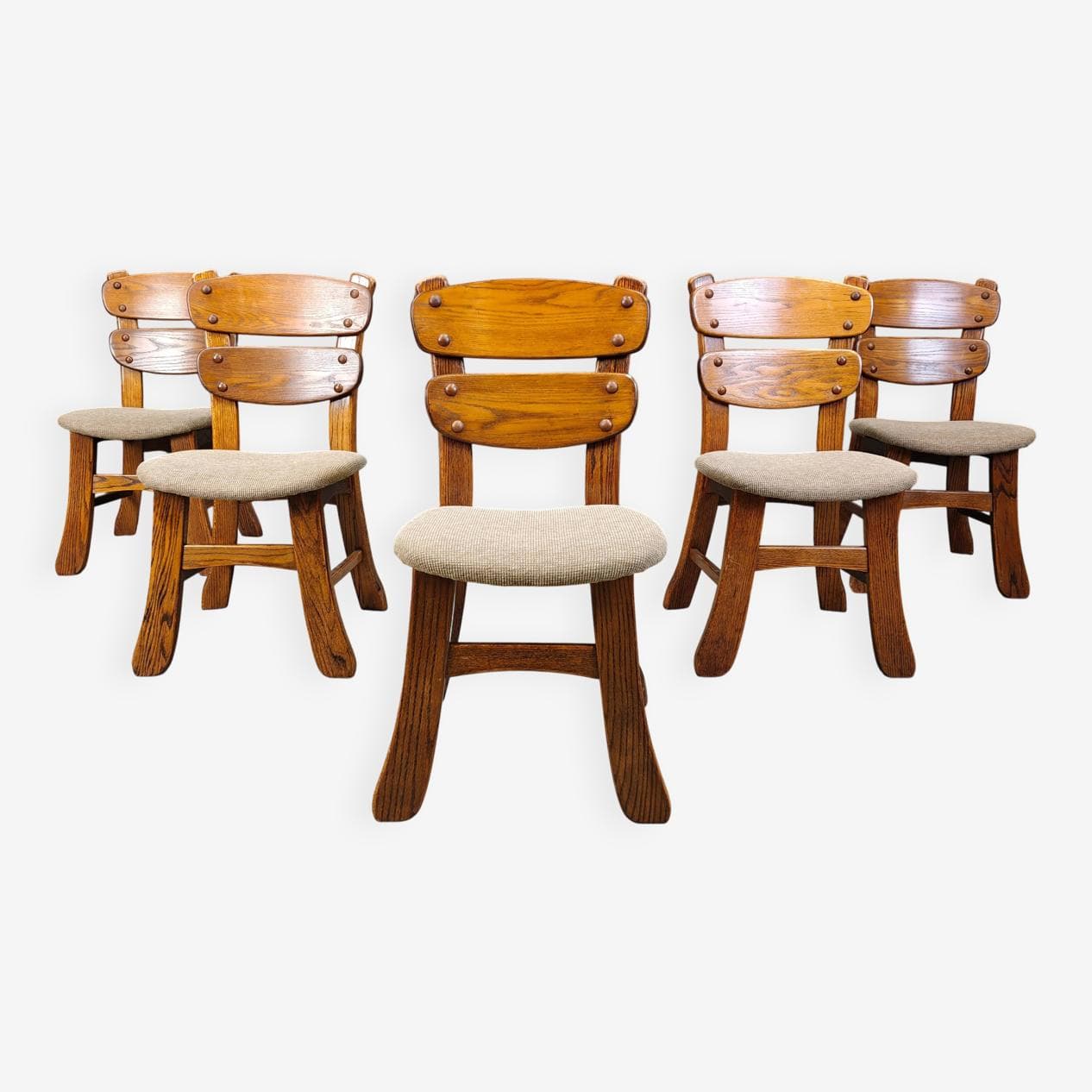 Set of five brutalist dining chairs, brown wood, grey fabric, Germany, 1960s. - 331298