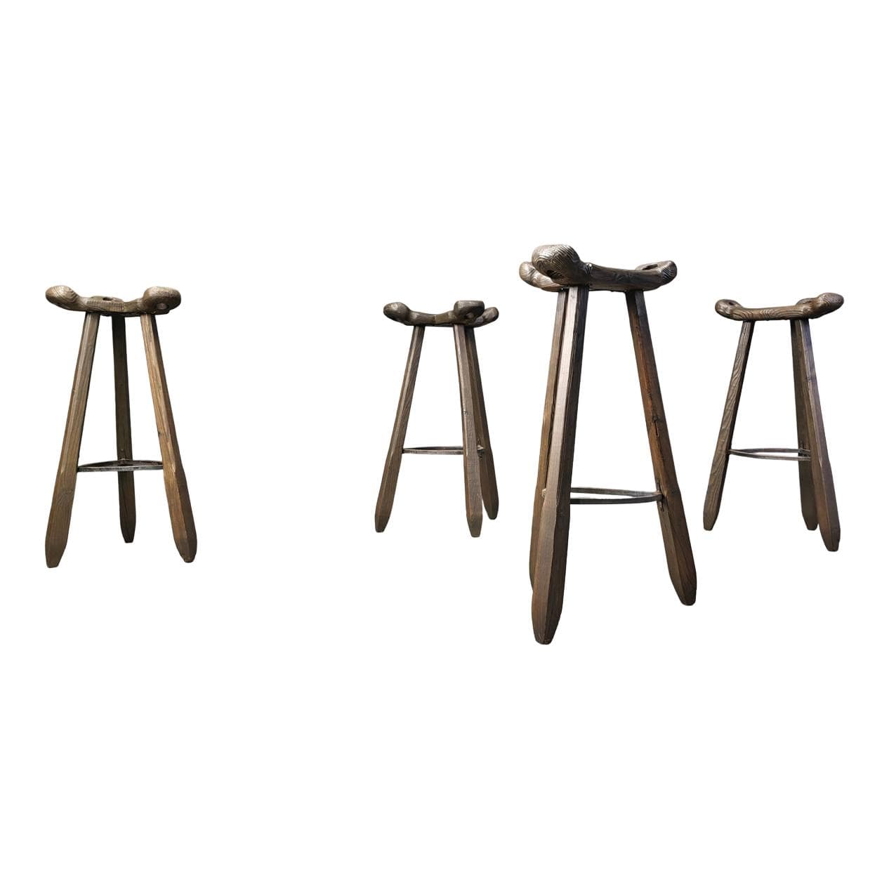 Set of four brutalist bar stools, brown wood, metal, Spain, 1960s.