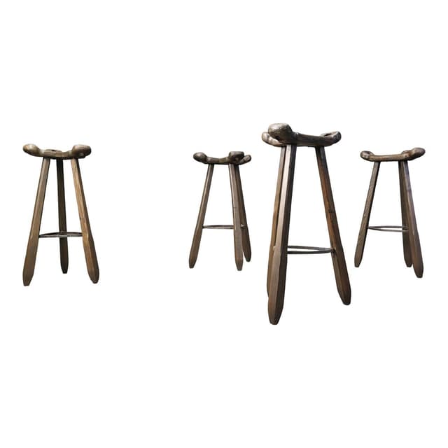 Set of four brutalist bar stools, brown wood, metal, Spain, 1960s. - DIMENSION