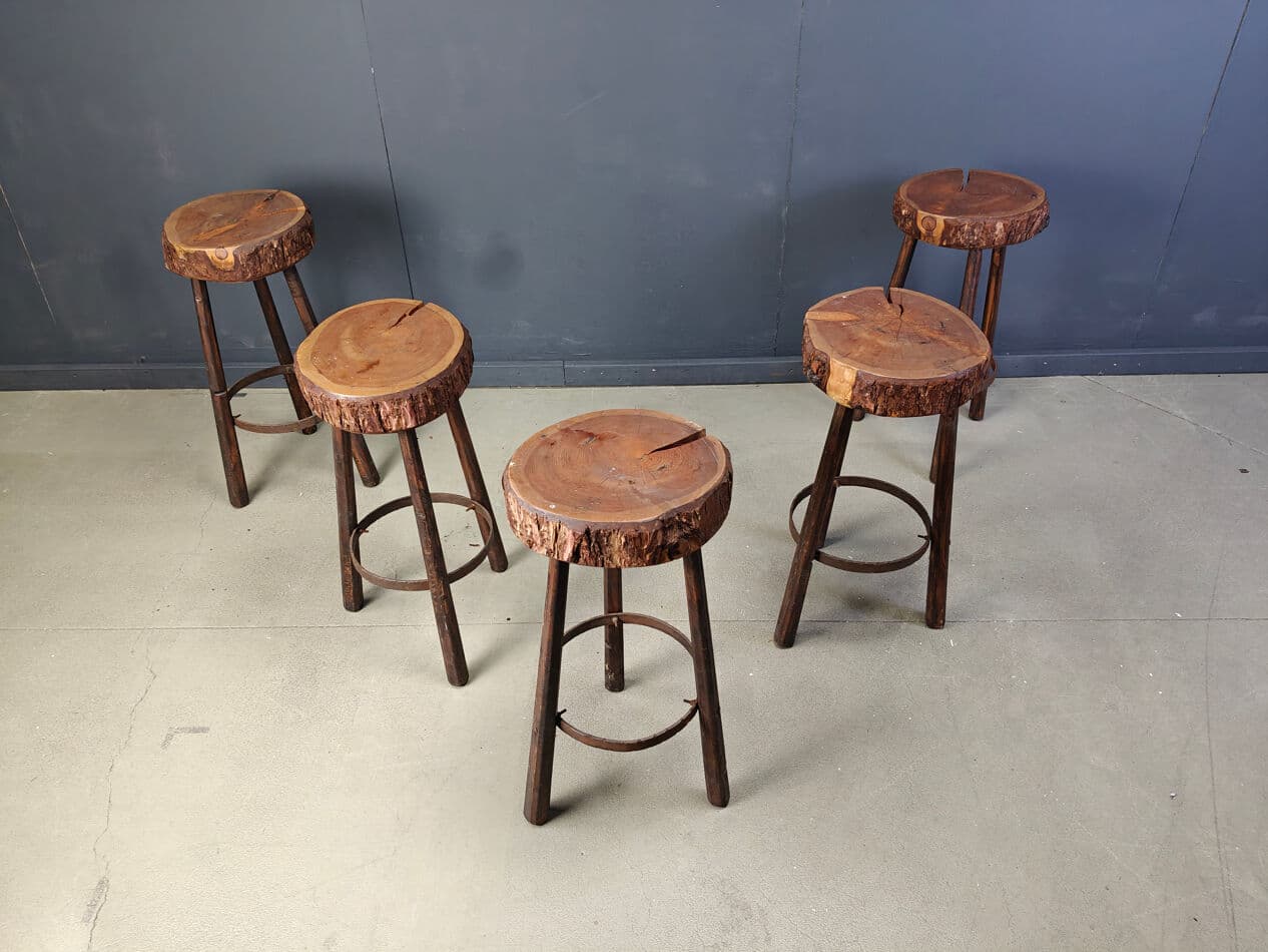 Set of five bar stools, brown wood, Belgium, 1970s. - 331281