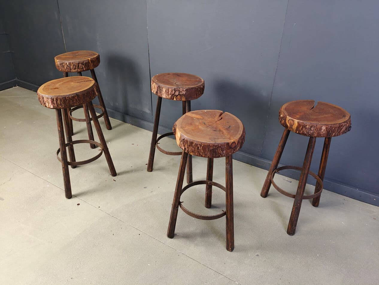 Set of five bar stools, brown wood, Belgium, 1970s. - 331279
