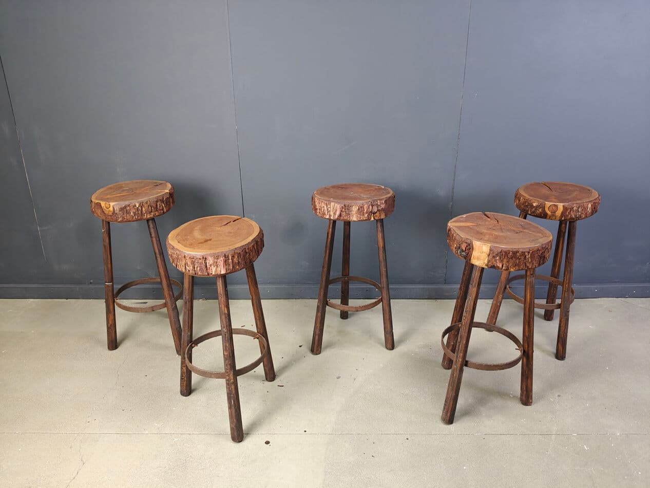 Set of five bar stools, brown wood, Belgium, 1970s. - 331273