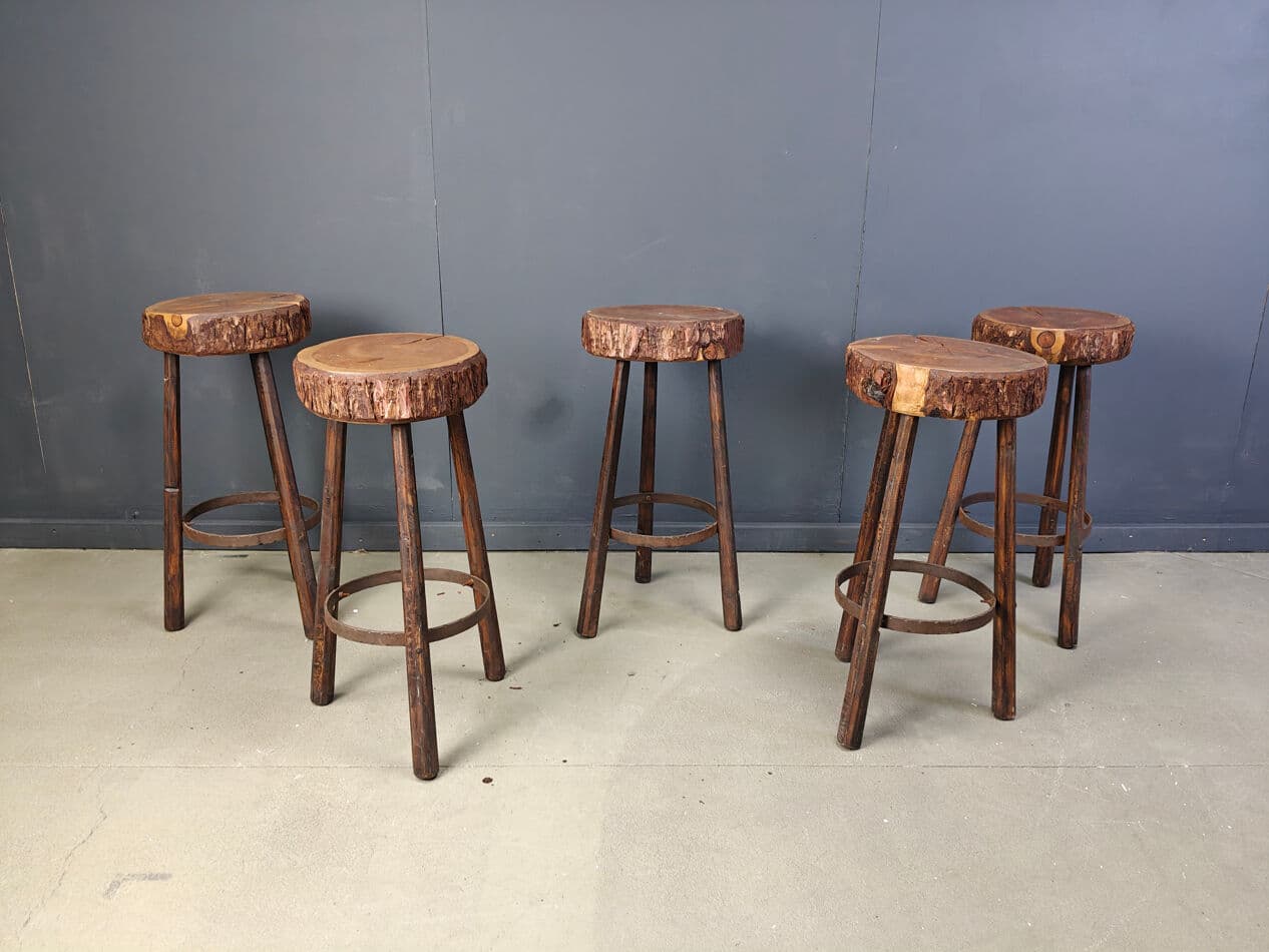 Set of five bar stools, brown wood, Belgium, 1970s. - 331276