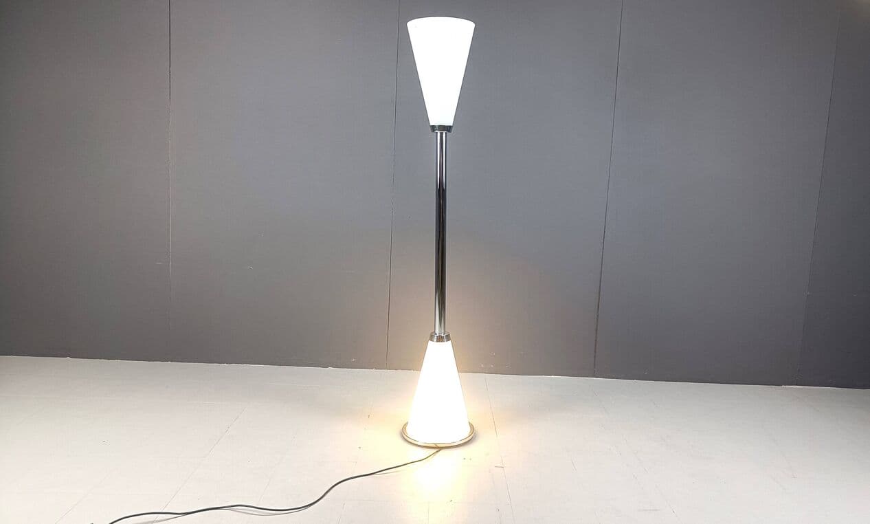 Floor Lamp Diabolo, white glass, silver chrome, gold brass, Italy, 1990s. - 331265