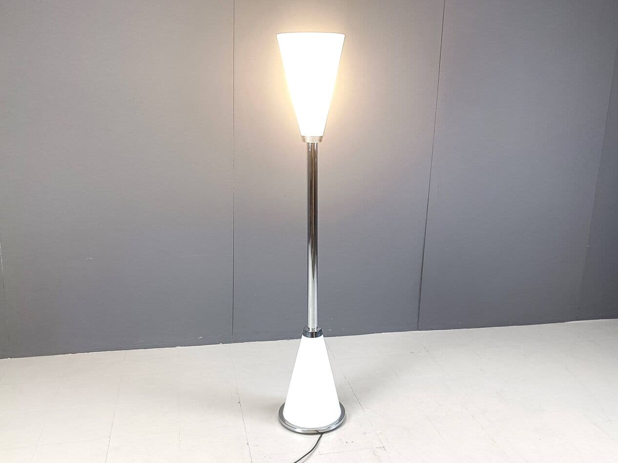 Floor Lamp Diabolo, white glass, silver chrome, gold brass, Italy, 1990s. - 331266