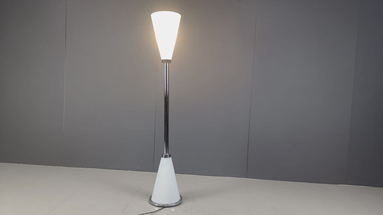 Floor Lamp Diabolo, white glass, silver chrome, gold brass, Italy, 1990s. - 331267
