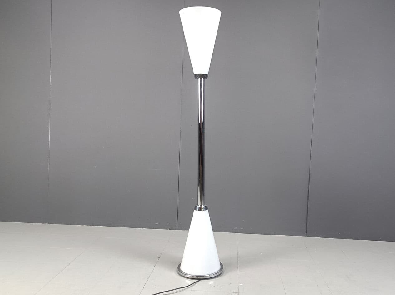 Floor Lamp Diabolo, white glass, silver chrome, gold brass, Italy, 1990s. - 331264