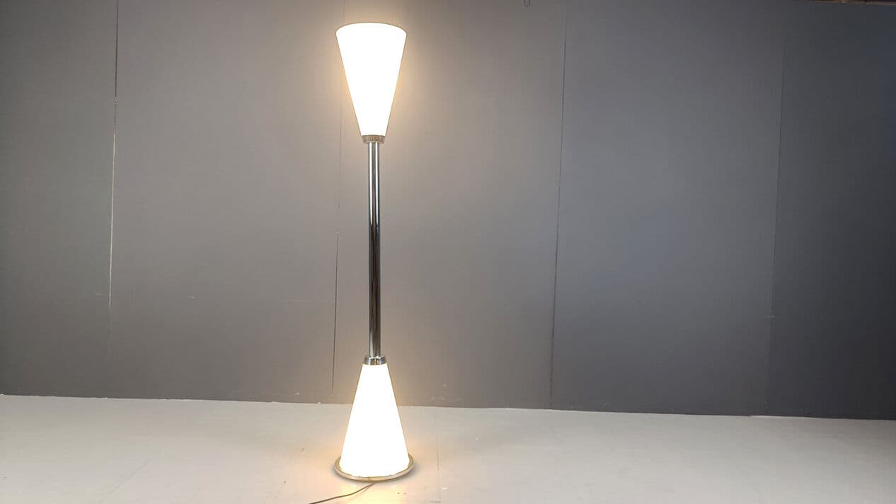 Floor Lamp Diabolo, white glass, silver chrome, gold brass, Italy, 1990s. - 331263