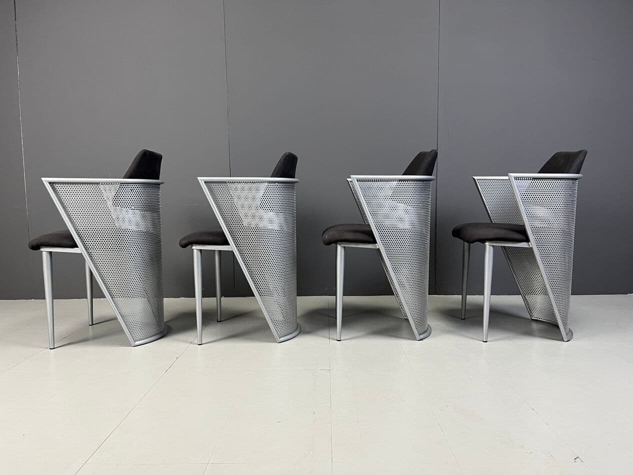Set of four postmodern dining chairs, silver metal, black fabric, Belgium, 1980s - 331256