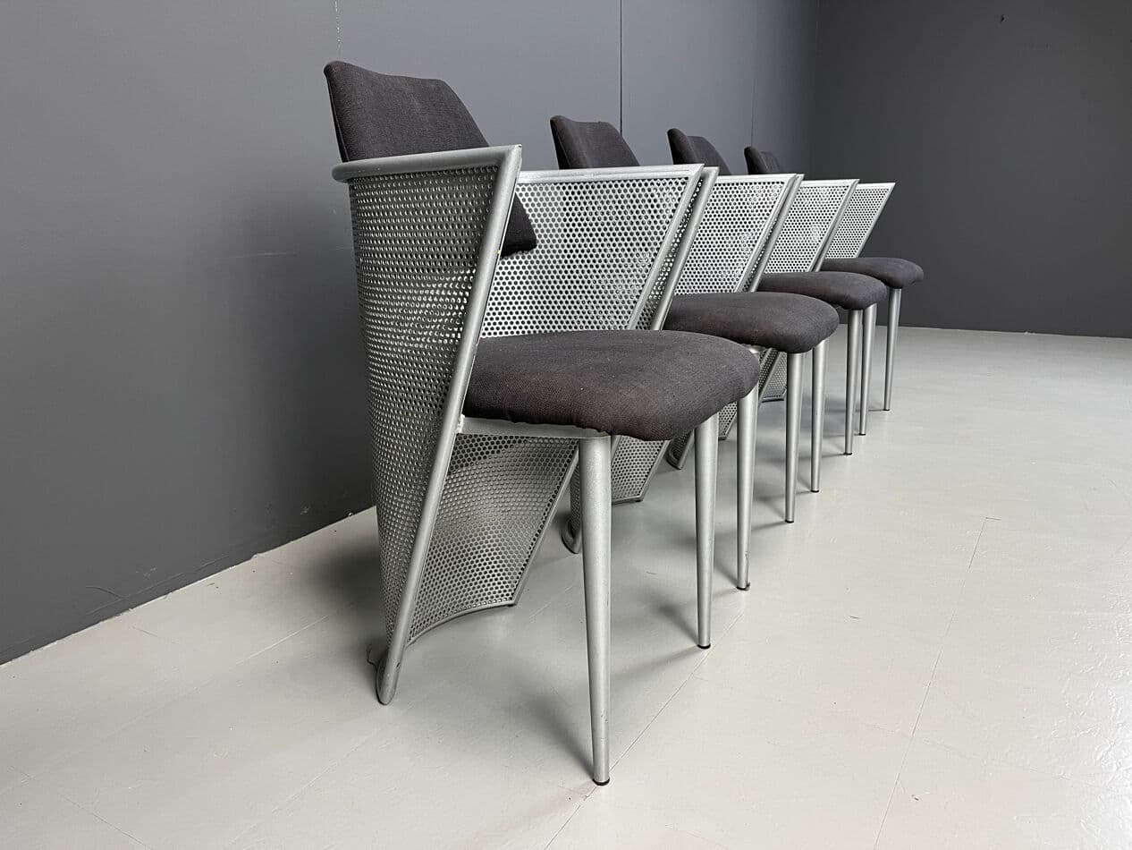 Set of four postmodern dining chairs, silver metal, black fabric, Belgium, 1980s - 331254