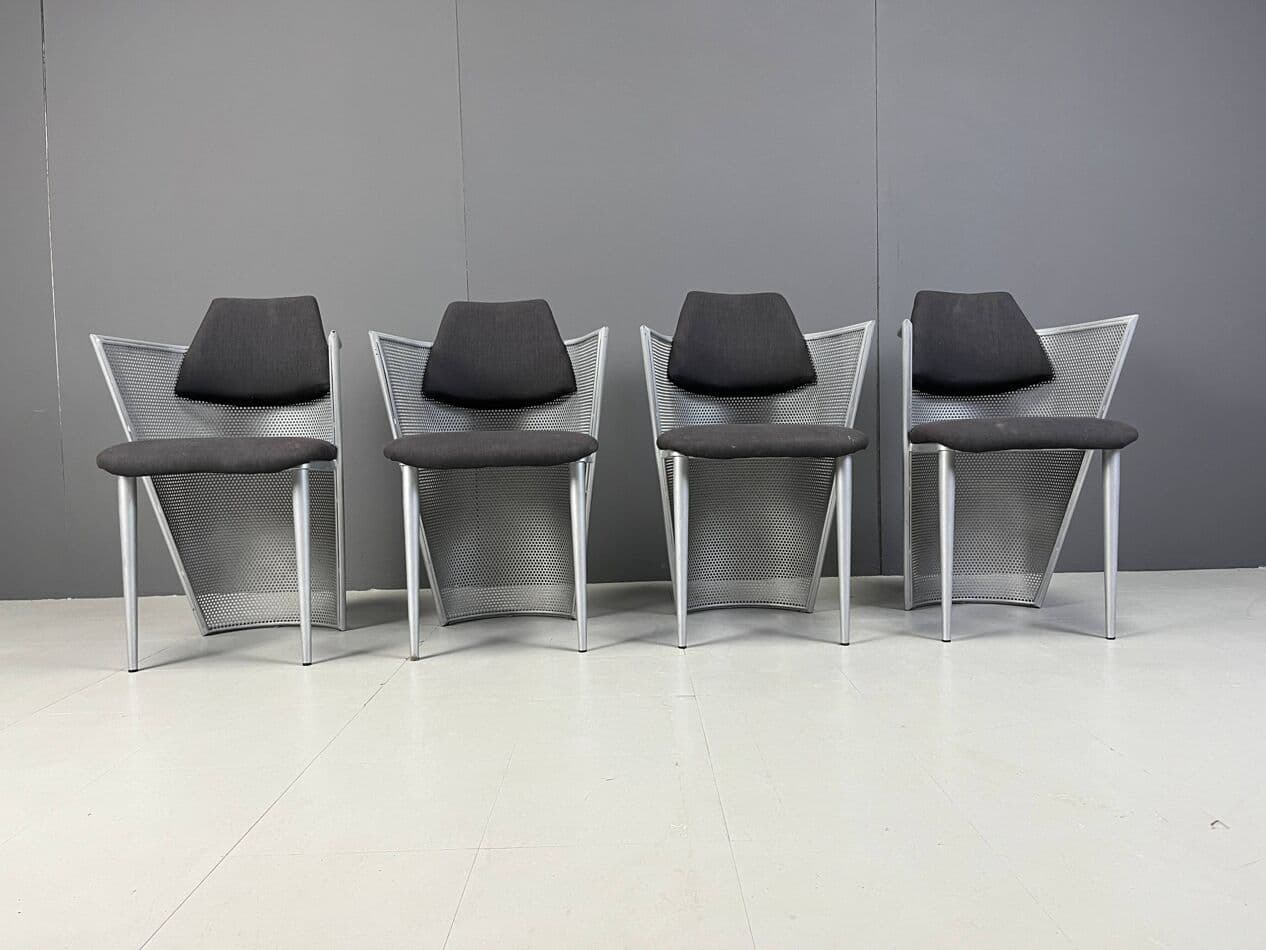 Set of four postmodern dining chairs, silver metal, black fabric, Belgium, 1980s - 331259