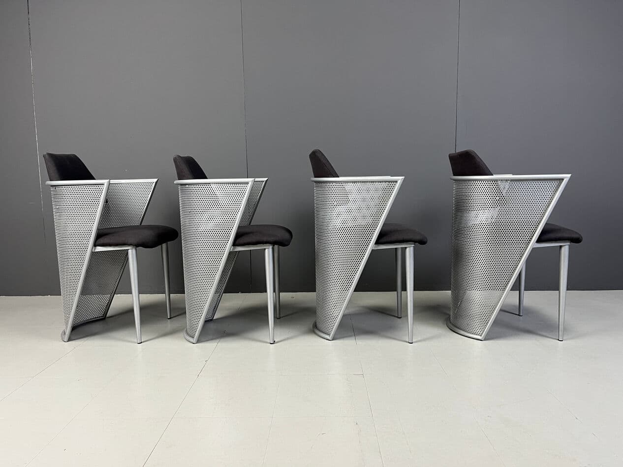 Set of four postmodern dining chairs, silver metal, black fabric, Belgium, 1980s - 331255