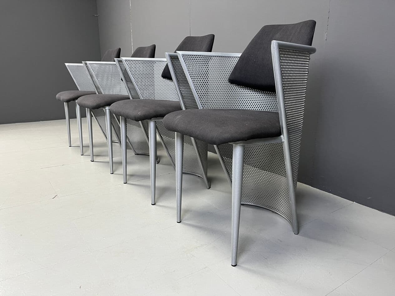 Set of four postmodern dining chairs, silver metal, black fabric, Belgium, 1980s - 331261