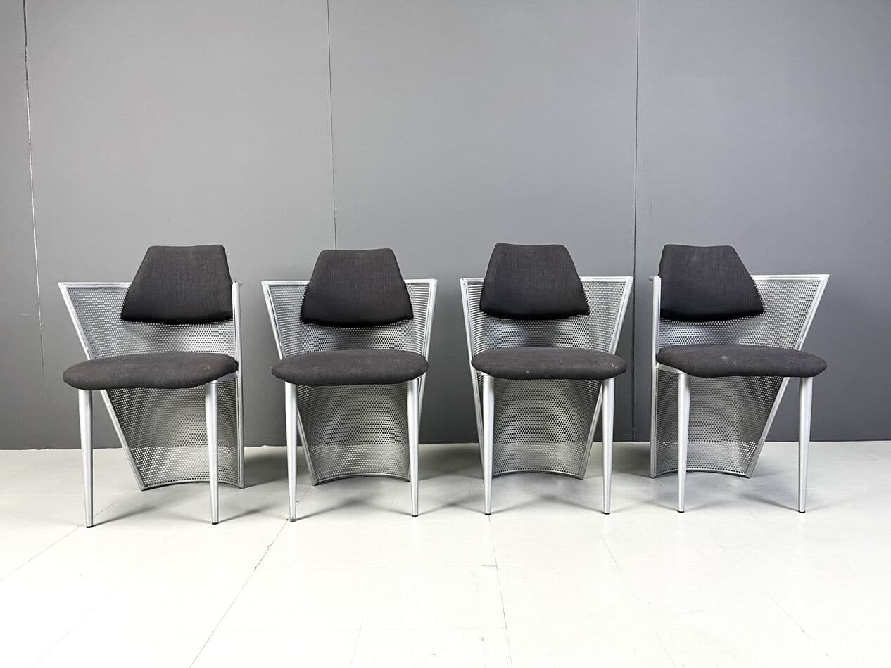 Set of four postmodern dining chairs, silver metal, black fabric, Belgium, 1980s - 331260